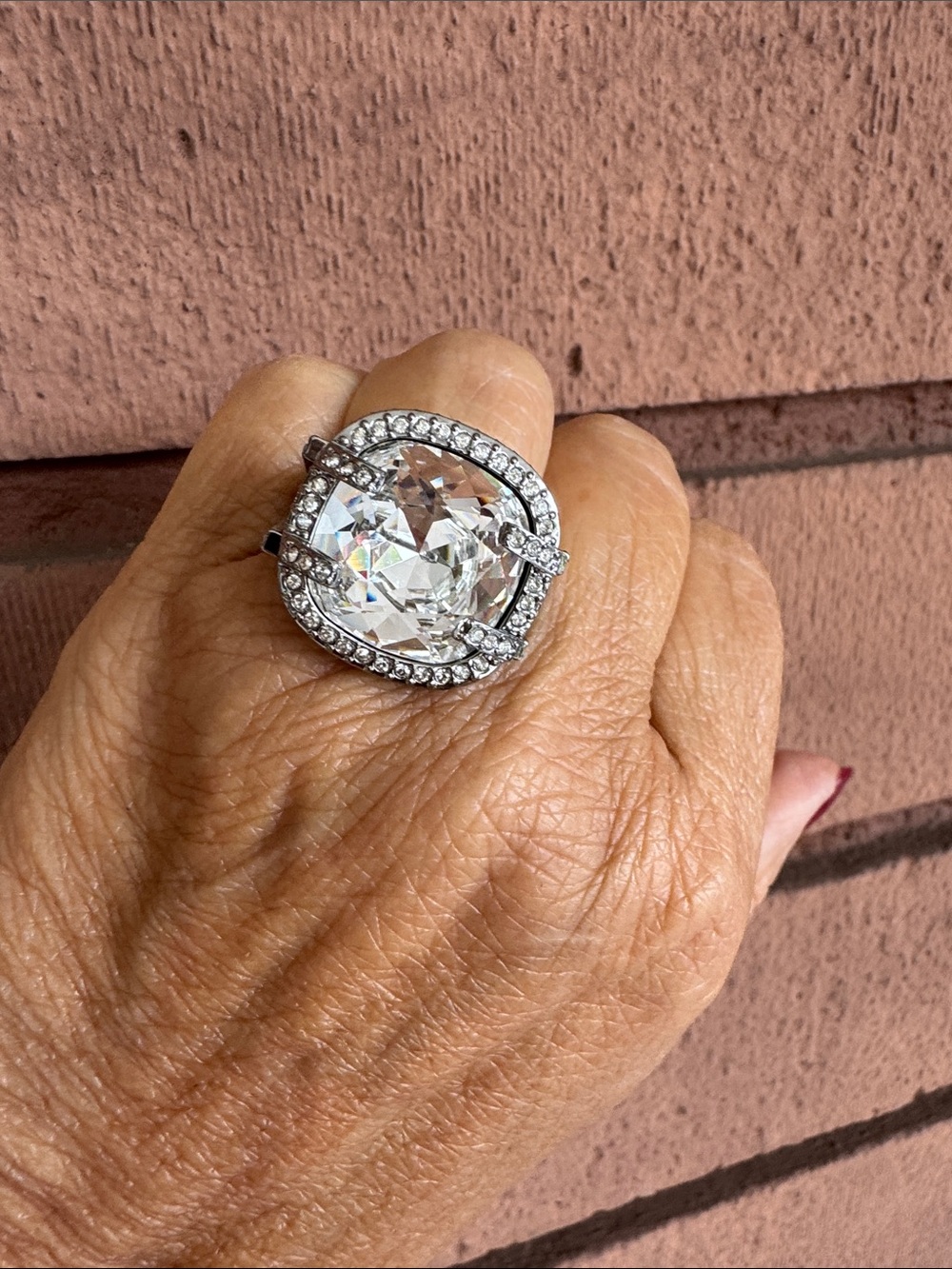 Swarovski Clear Crystal Cushion Cocktail Ring in Silver Tone - Picture 3 of 6